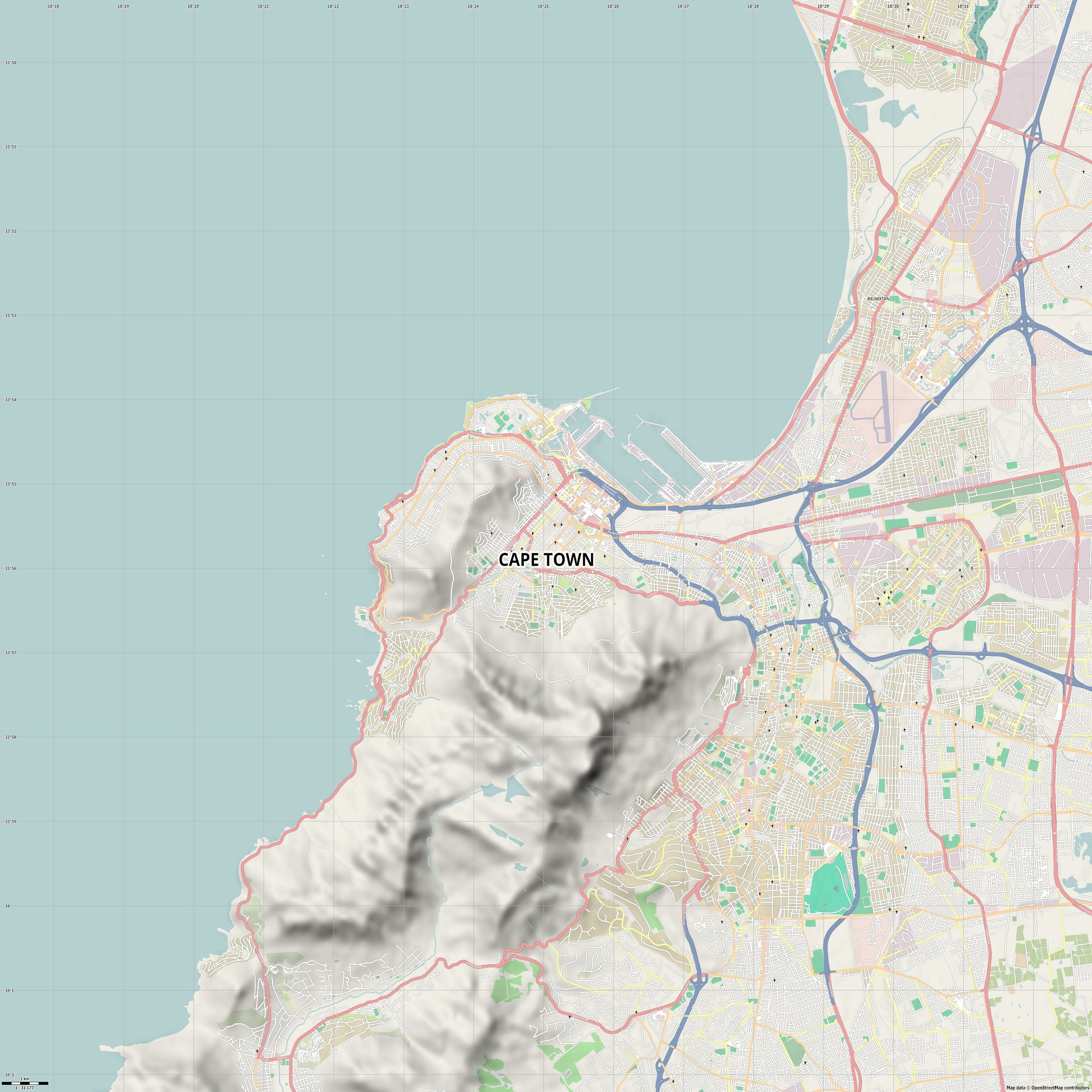 Cape Town Ciudad del Cabo Le Cap Città del Capo Kapstadt jpg high detail, large area preview vector city map